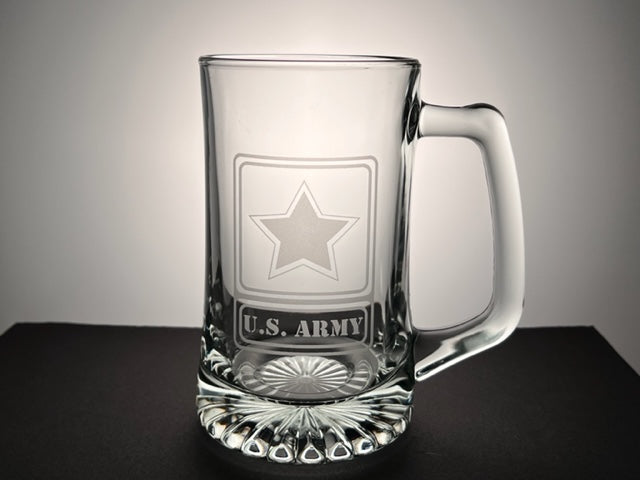 beer mug with the U.S. Army seal etched on the glass