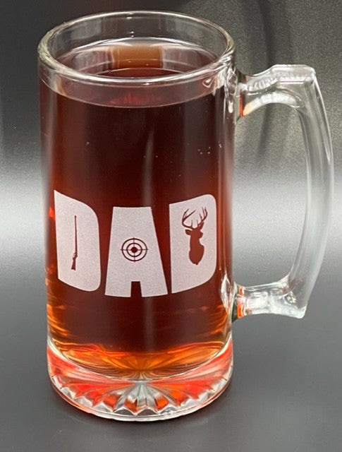 Beer mug that says Dad with a moose, dun, and bullseye in the middle of the letters