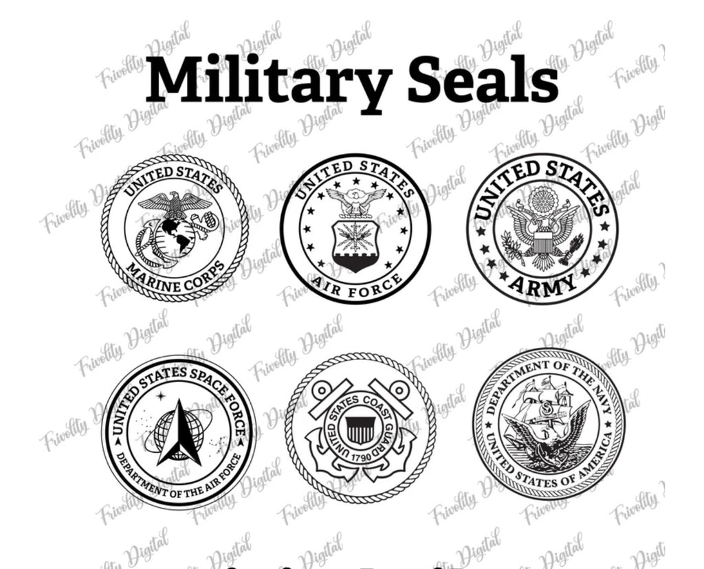 All 6 military seals including: Marine corps, air force, army, space force, coast guard, and navy