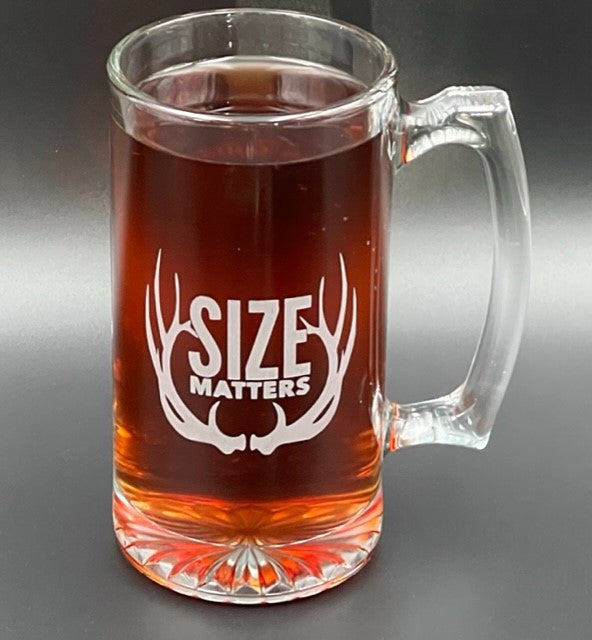 Beer mug that says "size matter" with antlers 